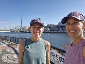 Kelsi and Keri morning run along the Sumida River and view of Skytree