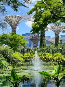 Gardens by the Bay, waterfall, CBC in distance